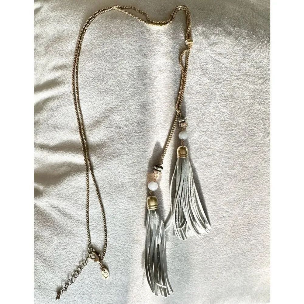 Silver grayish blue tassel and faux leather bead necklace
